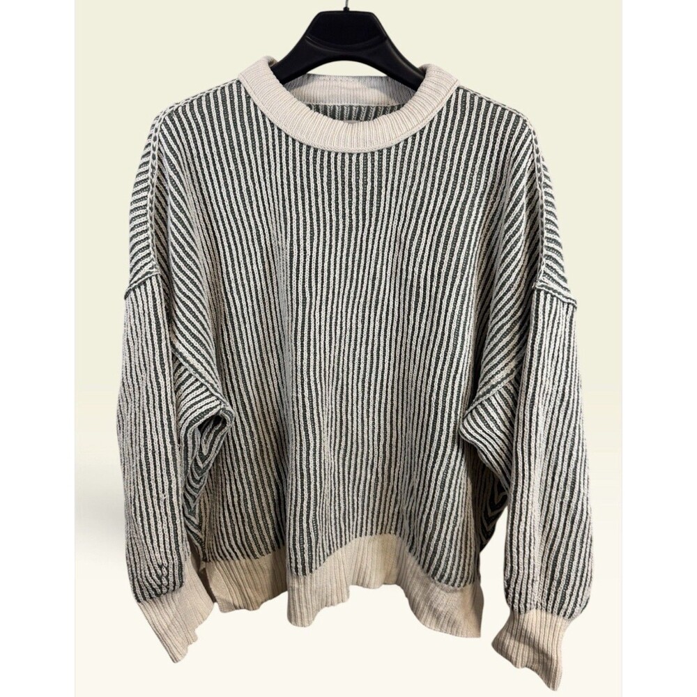 Aerie Women’s Oversized Striped Crewneck Sweater Green Cream Ribbed Slouchy L